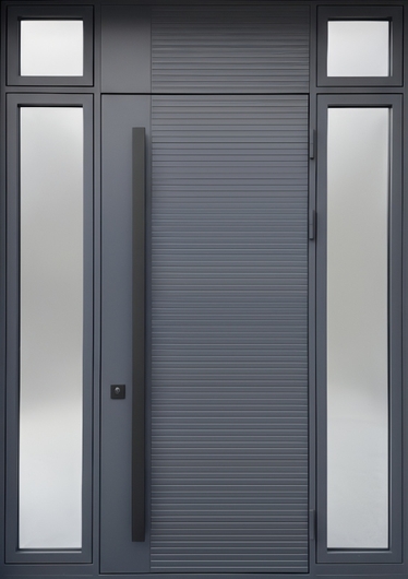 Современная входная группа с остеклением, бугельной ручкой и панелями МДФ RAL графит и ПВХ Современная входная группа с остеклением, бугельной ручкой и панелями МДФ RAL графит и ПВХ