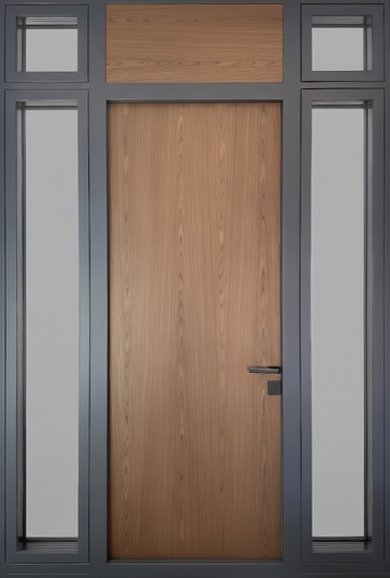 Современная входная группа с остеклением, бугельной ручкой и панелями МДФ RAL графит и ПВХ Современная входная группа с остеклением, бугельной ручкой и панелями МДФ RAL графит и ПВХ